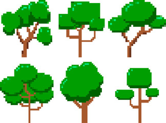 Pixel art trees icons isolated on white background. Vector illustration