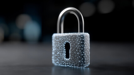 Digital hologram illustration of polygonal open lock glowing in neon blue shades with particles circuits and light streaks floating in sleek gradient background symbolizing cybersecurity encryption an