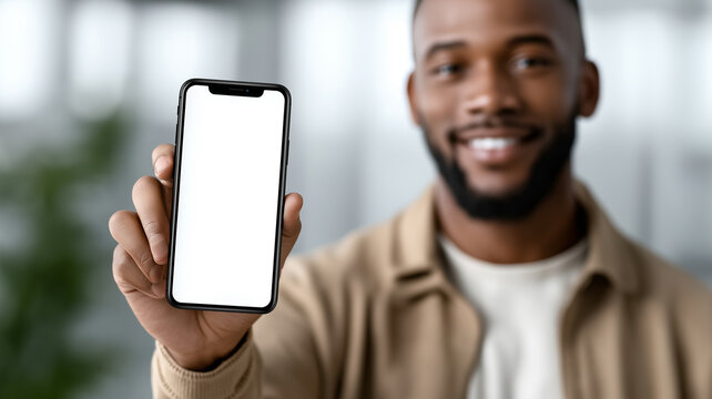 Professional 3D style scene of cheerful African man showing smartphone with empty copy space screen for customization modern casual outfit minimal clean background concept of mobile application advert