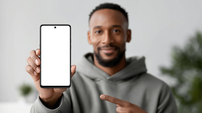Hyper realistic smiling African man holding smartphone and pointing at glowing blank screen isolated on white background symbolizing mobile app promotion technology communication and digital marketing