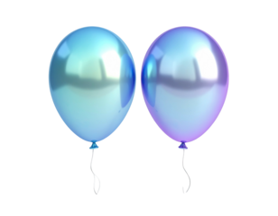 Two iridescent, reflective balloons, light blue and lavender-purple, against a black background