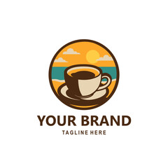 A stylish and inviting coffee shop logo design featuring a coffee cup and saucer set against a scenic beach sunset background. The illustration uses warm tones of orange, yellow, and brown with a teal