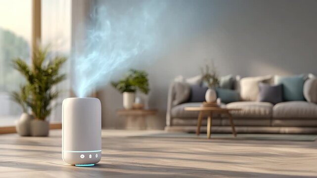 A white aroma diffuser releases fragrant mist in a cozy living room. Sunlight streams through the windows, highlighting plants and inviting furniture as calming scents fill the air