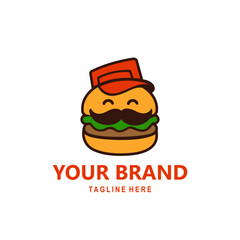 The burger logo mascot wears a red hat and has a cute and attractive mustache, suitable for branding your restaurant logo