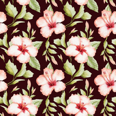 Dark hibiscus watercolor seamless pattern on brown black. Bright red white summer flowers and green leaves with buds on branches. Hand drawn repeat background with paradise blooming plants