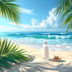 Tropical beach scene with lotion bottle