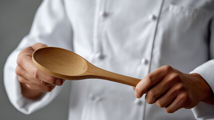 Close up of chef’s torso in polished white coat with folded sleeves stirring dish using wooden spoon isolated background cooking concept professional kitchen preparation clean minimalistic food stock