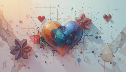 Creative Heart Artwork with Geometric Shapes and Pastel Color Palette