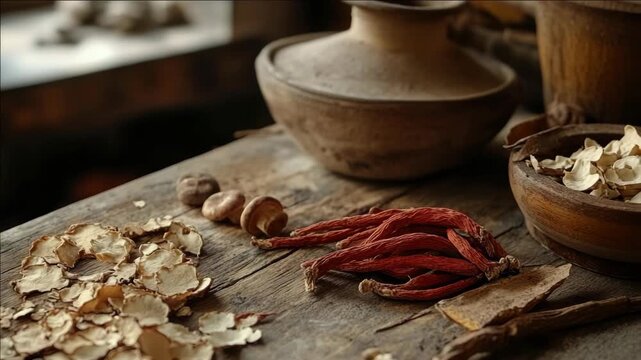 Organic spices displayed on a wooden table, including red peppercorns.