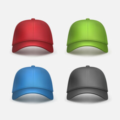 Vector set of realistic red, black, green, blue baseball caps front view isolated on white
