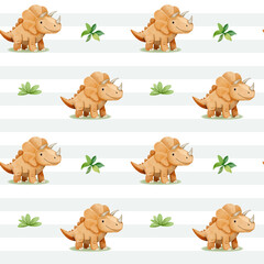 Seamless pattern with cute triceratops. Watercolor baby dinosaurs background.
