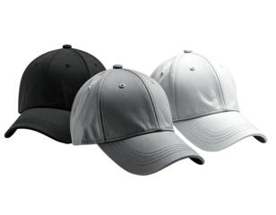 Three gray-toned baseball caps, side view