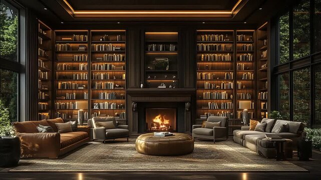 Cozy modern library with fireplace and warm lighting