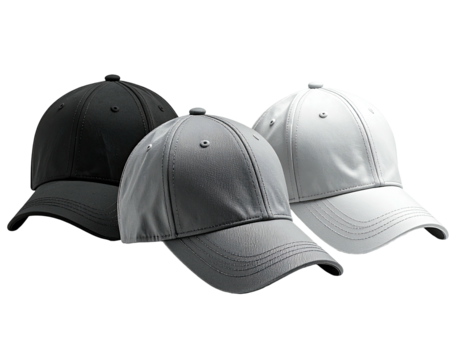 Three gray-toned baseball caps, side view