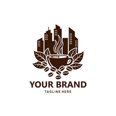 cup logo with coffee bean elements, leaves with tall buildings background