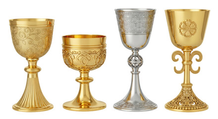 Isolated Religious Chalices Golden Silver Metallic Ritual Goblets Vessels Vintage Ornate Art