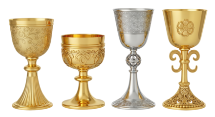 Isolated Religious Chalices Golden Silver Metallic Ritual Goblets Vessels Vintage Ornate Art