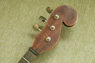 Detailed close-up of a domra's headstock with three tuning pegs and stretched strings. Folk music instrument mechanics and tuning concept.