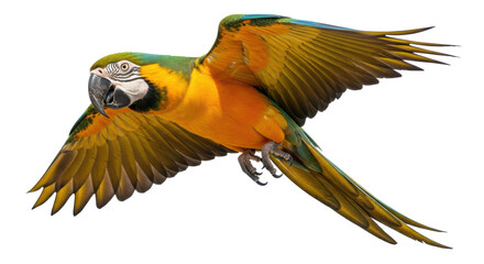 Isolated Gold and Blue Macaw Parrot in Flight, Colorful Bird with Wings Spread Wide Open