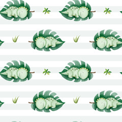 Seamless pattern with cute dinosaurs sleeping on a leaf. Watercolor baby dinosaurs background.