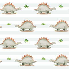 Seamless pattern with cute stegosaurus. Watercolor baby dinosaurs background.
