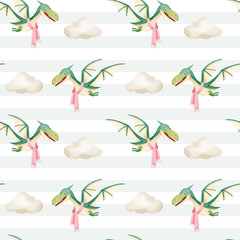 Seamless pattern with cute pterodactyl in a scarf and clouds. Watercolor baby dinosaurs background.