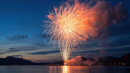 Spectacular fireworks illuminate the night sky over a calm lake and distant mountains.