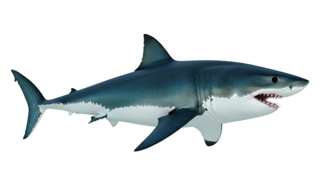 Isolated predator showing rows of sharp teeth, dangerous marine animal swimming in the ocean