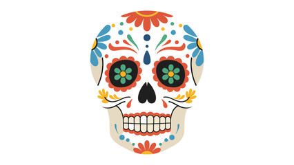 Flat vector sugar skull with flowers,minimal Mexican cultural style.