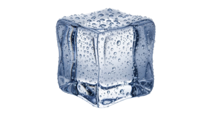 Isolated ice cube with water drops and blurred edges, cold freshness in drinks or cooler