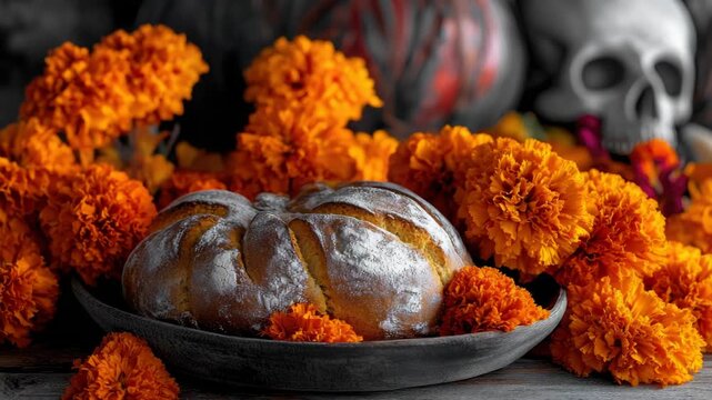 Dia de los Muertos altar with pumpkin bread in center of orange flower petals and Halloween decorations.