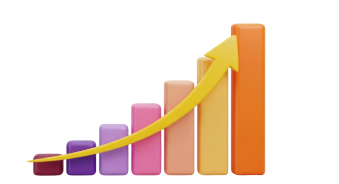 Isolated colorful 3D bar chart with yellow arrow pointing upwards shows business growth - Powered by Adobe