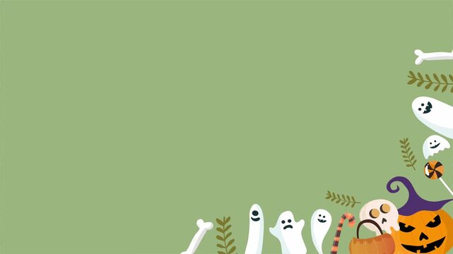 Cute ghosts pumpkins skeletons border with green halloween background