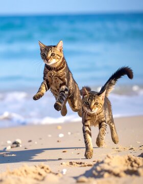 Two playful cats leaping and running on a sandy beach
