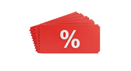 Isolated stacked red coupons with percentage sign representing special offer and promotion