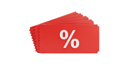 Isolated stacked red coupons with percentage sign representing special offer and promotion