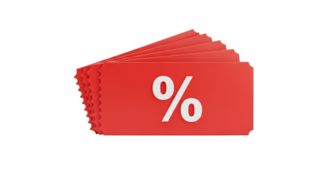 Isolated stacked red coupons with percentage sign representing special offer and promotion