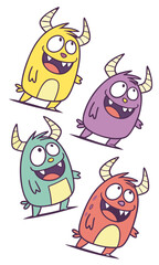 Playful Cartoon Monsters Yellow Purple Teal and Orange with Horns and Big Smiles