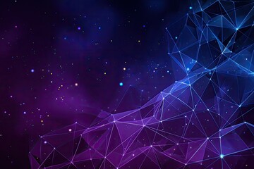 Abstract digital network graphic in deep space.  Purple, violet, and blue polygonal shapes form a complex network, dotted with glowing particles against a dark space backdrop