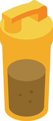 Isometric yellow shaker bottle containing brown protein shake for fitness