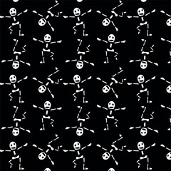 Monochrome black and white seamless pattern of bones and skeletal symbols. A pattern depicting human skeletons. Silhouettes of characters made of bones, vector drawing on a black background.