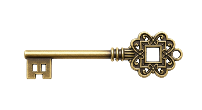 Isolated ornate vintage style key made of brass, antique skeleton key, golden and old