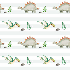 Seamless pattern with cute dinosaurs. Watercolor baby background. Pterodactyl and stegosaurus
