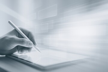 Hand holding stylus above digital tablet with abstract floating interface in cool monochrome tones