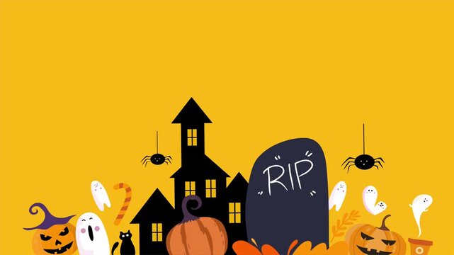 Haunted house pumpkins ghosts gravestone halloween design on yellow
