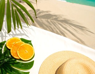 Tropical beach scene with oranges and hat
