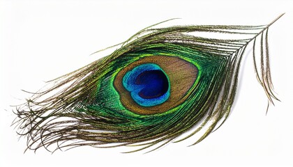 Close-up of peacock feather with vibrant eye-like pattern in blue, green, gold, and purple, featuring delicate barbs and symmetrical design, isolated on white background, showcasing natural elegance.
