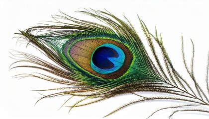 Obraz premium Close-up of peacock feather with vibrant eye-like pattern in blue, green, gold, and purple, featuring delicate barbs and symmetrical design, isolated on white background, showcasing natural elegance.