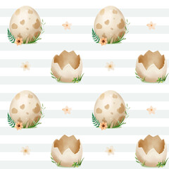 Seamless pattern with animal eggs in the wild and flowers. Dinosaur eggs background.