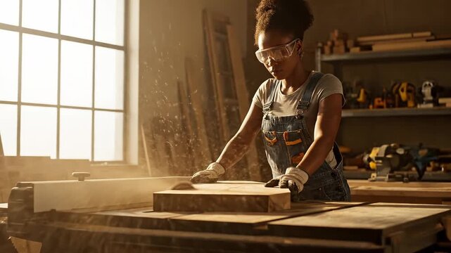 In a sunlit workshop, a talented craftsperson shapes wood with precision, showcasing skills in carpentry. The environment is filled with tools and creativity.
